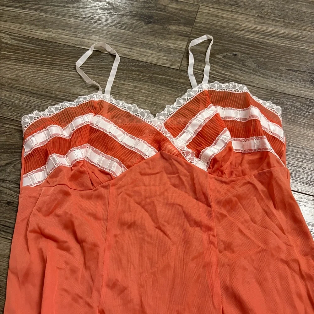 60s/70s European Vintage Pleated Hem & Embroidered Midi Slip Dress (Orange) 44/L